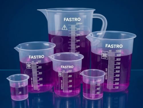 Image of Set of 6, 2000 ML Transparent Plastic Measuring Jugs with Handles & 50 ML, 100 ML,250 ML, 500 ML,1000 ML Beaker Cups for Kitchen & Laboratory Use, for Liquid & Solid Measurements - Combo