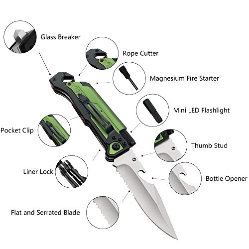 Image of ALBATROSS Best 6-in-1 Survival Tactical Military Folding Pocket Knives with LED Light,Seatbelt Cutter,Glass Breaker,Magnesium Fire Starter,Bottle Opener;Multi-Function Emergency Tool(Green-SA)