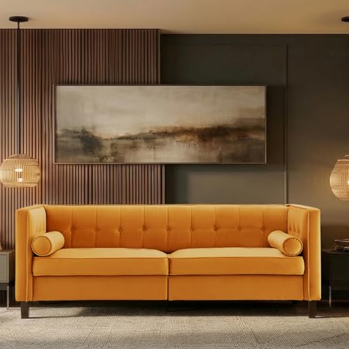Dreamsir 78'' W Velvet Sofa, Mid-Century Love Seats Sofa Furniture with Bolster Pillows, Button Tufted Couch for Living Room, Tool-Free Assembly (Ginger)