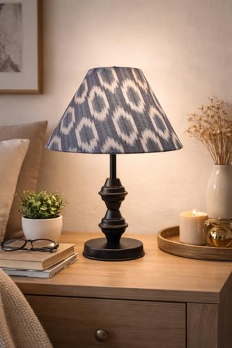 Image of tu casa Modern Table Lamp with Crimson Floral Satin Shade | Metal Iron Base Decorative lamp for Living Room| Designer Table Lamp for Gifting (Indigo ikkat Glow)