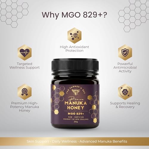 Image of THE FARMER'S BEE New Zealand Manuka Honey MGO 829+ (20+) | Monofloral Raw Honey | MGO Tested | Premium Imported Honey | Maximum Potency | Cellular & Immune Reinforcement | Antioxidant-Rich | 250g