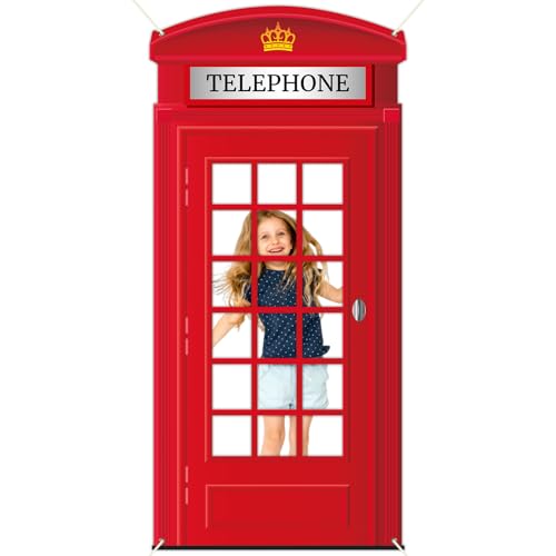 British Red Phone Booth Party Supplies English Telephone Booth Photo Prop Backdrop Vintage London Party Decors British International Themed Favors Indoor Outdoor Banner Decor 78.7 X 37.2 In