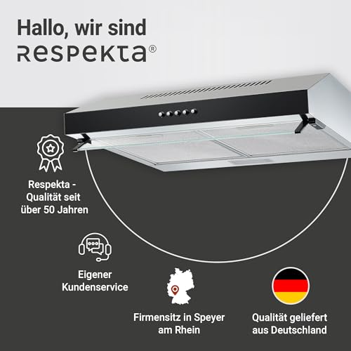 Respekta Dunstabzugshaube unterbau/Unterbau-Dunstabzugshaube 60 cm/Metallgehäuse mit Glasfront in Schwarz/Abluft - und Umluftfunktion / CH16060SGB / B / 60 – 68 dB, Edelstahl