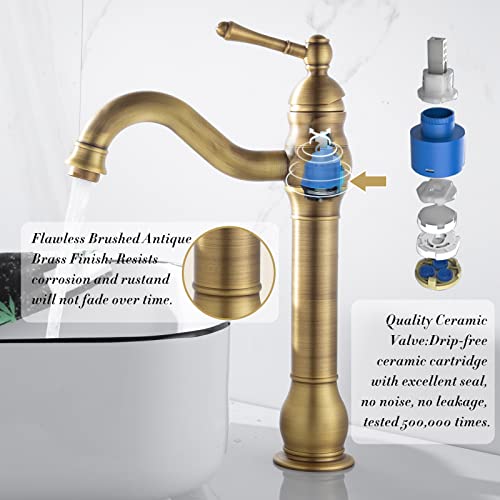 Solepearl Vessel Sink Faucet Antique Brass, 360° Swivel Bathroom Sink Faucet Brushed Brass, Counter Top Tall Spout Single Handle Lavatory Vanity Mixer Bar Tap With Pop Up Drain, Single Hole Deck Mount #TOP1