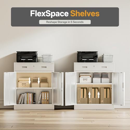 Image of Metal Storage Cabinets with Drawer, 36 inch H Lockable Storage Cabinet with Doors and Adjustable Shelves, Small White Steel File Cabinet for Home, Office, Warehouse, School, Assembly Required