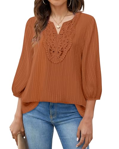 VALOLIA Women's Casual 3/4 Sleeve Chiffon Blouses V Neck Layered Embroidery Tunic Shirts3