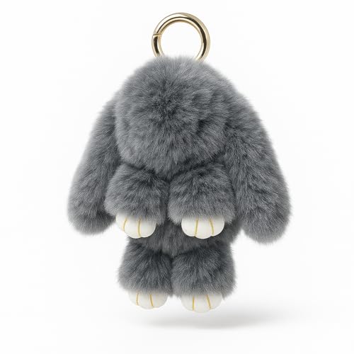 Fluffy Bunny Keychain, Soft Plush Rabbit Bag Charm, Gray Faux Fur with Gold Ring