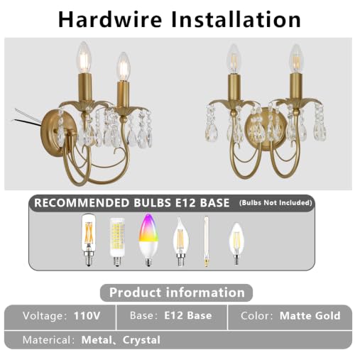 Image of 2-Light Vintage Crystal Wall Sconce, Antique Wall Lights with Gold Finish for Bedroom Bedside Living Room, Victorian Candle-Style