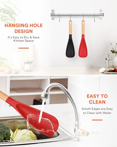 Image of Cooking Spoon for Nonstick Cookwares, Great for Cooking and Serving Sturdy BPA-Free Matte Silicone, Wood Handle Spoon for Mixing, Scoop, and Scrape (Black & Red, 11.4 inch)