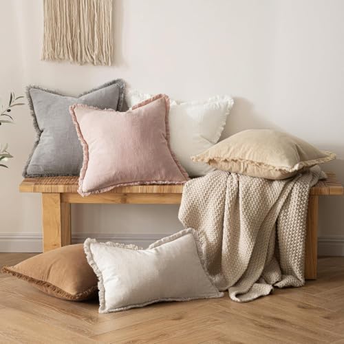 Image of MIULEE Linen Fringe Decorative Euro Throw Pillow Covers Light Pink 22x22
