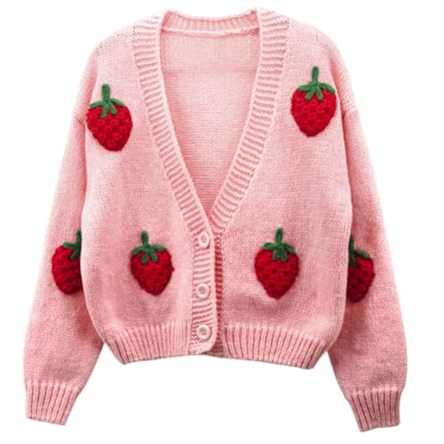HOULENGS Womens Kawaii Strawberry Embroidered Button Down Cardigan Sweater Long Sleeve V Neck Knitted Crop Sweater Coat Pink One Size