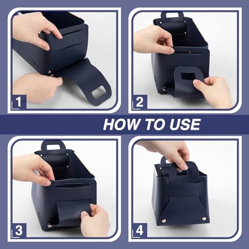 Image of Leather Portable Small Storage Basket for Desktop, Rectangle Decorative Box with Two Handles for Organizing, Storage Bin for Snack Sundries Cosmetics Stationery, 9.45''L5.5''W5.12''H (Navy)