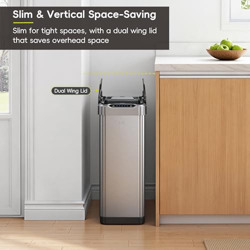 Image of EKO Phantom-T 50 Liter / 13.2 Gallon Vertical Motion Sensor Trash Can or Recycling Bin, Brushed Stainless Steel Finish