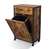 VINGLI Tilt Out Trash Cabinet, Wood Hidden Trash Can Kitchen Cabinet with Drawer, 10 Gallon Movable/Freestanding Pet Proof Storage Organizer, Laundry Basket Living Room Storage, Rustic Brown