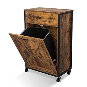 VINGLI Tilt Out Trash Cabinet, Wood Hidden Trash Can Kitchen Cabinet with Drawer, 10 Gallon Movable/Freestanding Pet Proof Storage Organizer, Laundry Basket Living Room Storage, Rustic Brown