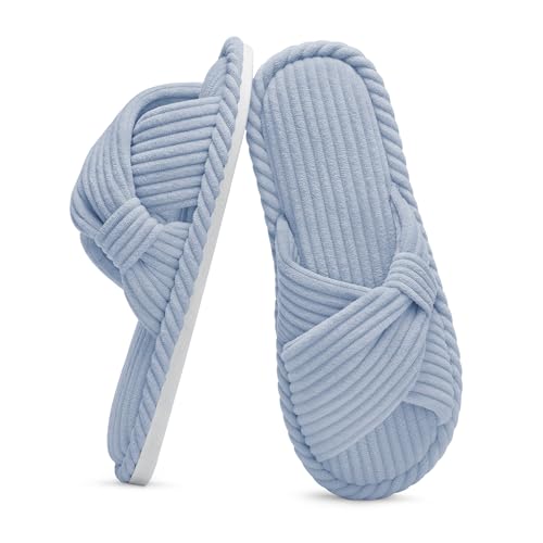 Image of Evshine Summer House Slippers for Women Corduroy Cross Bow Indoor Slippers Open Toe Slip On Bedroom Shoes with Memory Foam
