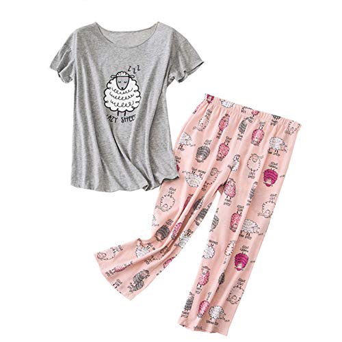 Image of Women Plus Size Pajama Sets Summer Cotton Sleepwear Tops with Capri Pants Pj Sets Fun Prints Pajama Sets