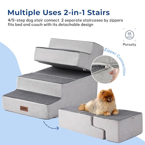 Image of ZOMISIA Dog Stairs for Large Dogs - Extra Wide Pet Stairs 2 in 1 with Zippers Suitable for Couch and Bed, 35D Foam Dog Steps with Non Slip Bottom Grey 4 Steps, Grey