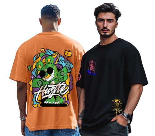 Image of Veirdo Pure Cotton Oversized Loose & Baggy Fit Drop Shoulder Half Cool Graphic & Typographic Printed T-Shirts Combo for Men & Boys (Size Options: S to 2XL)