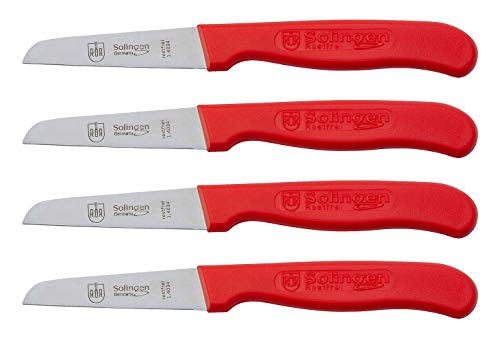 RÖR Haushaltsmesser/Gemüsemesser - Küchenmesser Set 4-teilig mit Glattschliff und rotem Kunststoffgriff - rostfrei - Länge: ca. 16 cm - Made in Germany/Solingen