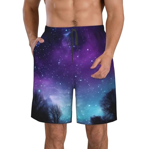 Purple Starry Sky Men's Swim Trunks Quick Dry Board Shorts with Pockets Casual Drawstring Beach Shorts