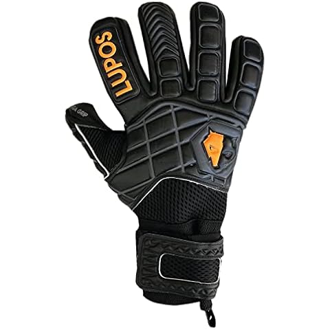 Lupos Hyper Black Torwarthandschuhe für Erwachsene, Jungen und Kinder. Negativ Cut, 4+4 mm Giga Grip Palm, Backhand Atmungsaktive Mesh und 4 mm Dumbo Latex gepolstert Cover