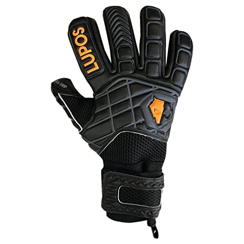 Lupos Hyper Black Torwarthandschuhe für Erwachsene, Jungen und Kinder. Negativ Cut, 4+4 mm Giga Grip Palm, Backhand Atmungsaktive Mesh und 4 mm Dumbo Latex gepolstert mit extra 8 mm Schaum (7) Cover