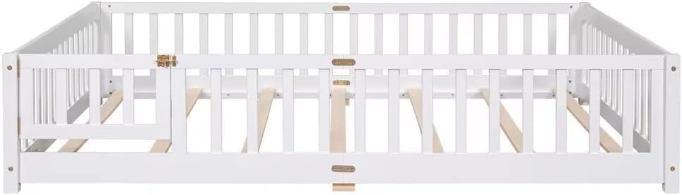 Queen Size Floor Bed, Solid Wood Montessori Floor Bed Frame with Fence-Shaped Guardrails & Small Door & Wood Slats Support for Children, Multifunctional Queen Platform Bed Daybed for Boys Girls, White