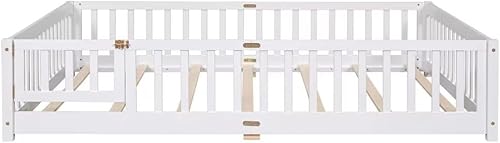 Miniatura 32 de Cama de suelo de tamaño matrimonial, marco de cama Montessori de madera maciza con barandillas en forma de valla y puerta pequeña y listones de