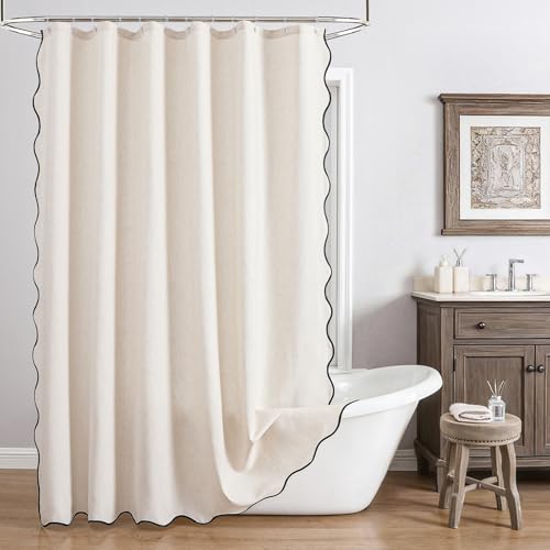 LilyCat Scalloped Shower Curtain with 12 Clear Hooks Linen Textured Waterproof Heavy Duty Thick Fabric with Black Border Neutral Boho Farmhouse Bathtub Shower Curtain 72 x 72 Cream