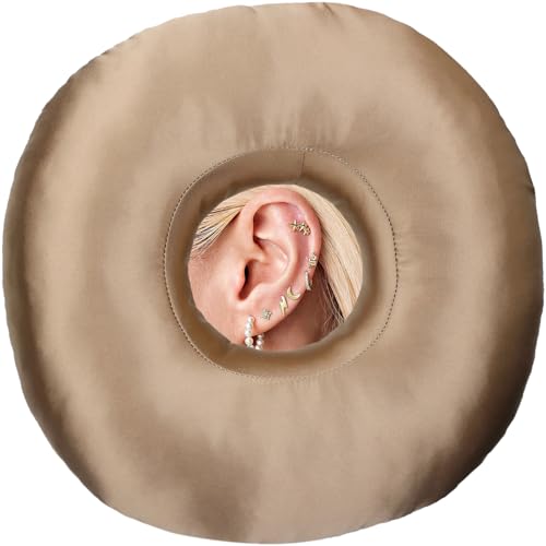 BNRendles Satin Ear Piercing Pillow for Side Sleepers - Silky Pillow with Ear Hole Support - Head Pain Relief - Pressure Sore Cushion Guard - Taupe