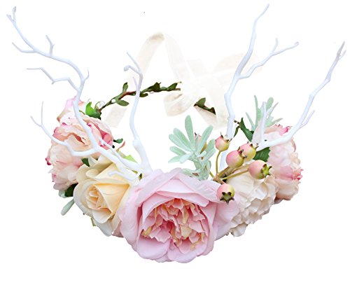 Deer Flower Crown Flower Garland Headband Hair Wreath Floral Headpiece Halo Boho with Ribbon Wedding Party Festival Photos Pink by Vivivalue