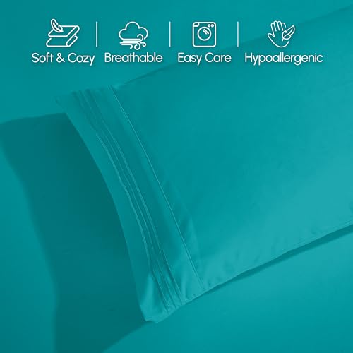 Image of Elegant Comfort Luxurious 1500 Premium Hotel Quality Microfiber Three Line Embroidered Softest 4-Piece Bed Sheet Set, Wrinkle and Fade Resistant, Queen, Turquoise