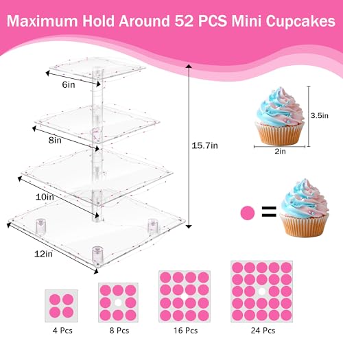 Cupcake Stand – Premium Cupcake Holder – Cady Bar Party Décor – 4 Tier Acrylic Tower Display for Pastry + LED Light String – Ideal for Weddings, Birthday (Pink Light)