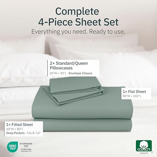 Image of Super Soft 100% Cotton Queen Bedsheets, 4 Pc Set, Sage Green | Lightweight & Breathable For Hot Sleepers, 14 inch Deep Pocket, All-Around Elastic, Durable, Easy Care, OekoTex Certified