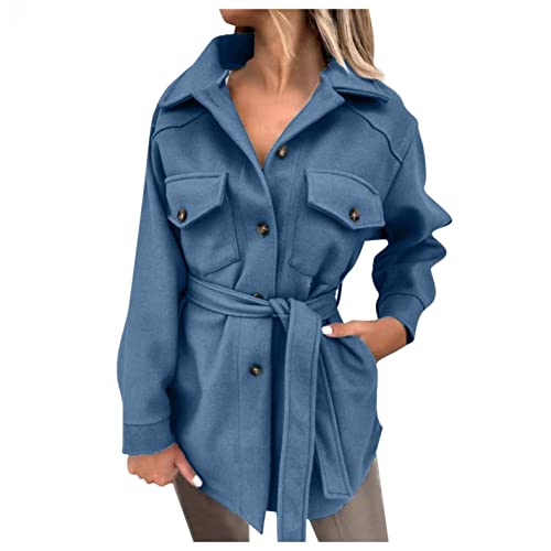 Damen Elegant Style Mittlere Länge Jackebluse Mit Gürtel Einfarbig Slim...