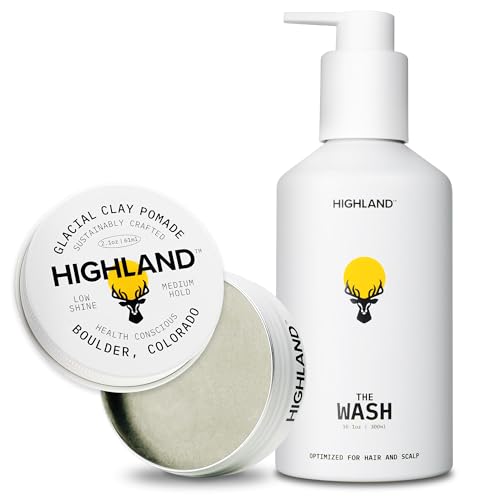 Highland Natural Hair Care Bundle Glacial Clay Pomade (Medium Hold Matte Finish 9 Botanical Ingredients) + The Wash Botanical Cleanser (Caffeine Protein-Rich Hydrating Sulfate-Free)