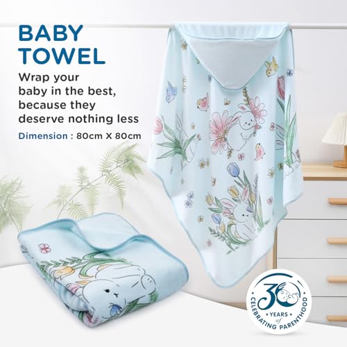 Image of Mee Mee Hooded Baby Bath Towel for New Born | Wash Cloth, Quick Absorbent, Can be Used for Baby Swaddling, Extra Soft Cotton Towels for Kids /Toddlers /Infants /Babies, Pack of 1, (Blue Flowers) 80X80 CM