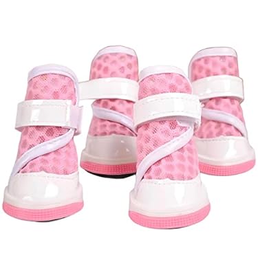 AMAZON - CallKroon Small dog shoes, large and medium-sized dog boots and paw protectors, suitable for hot roads in summer, waterproof in rainy days, outdoor walking, indoor hard floor anti-slip soles (pink, 3)
