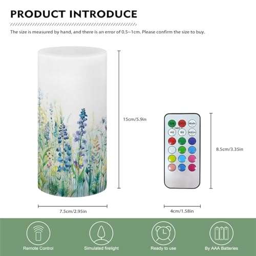 Image of Flameless Candle with 18 Key Remote 4 /8 Hours Timing Color Changing Flickering Realistic Votive Electric Candle for Patio Desktop Home Ornaments, Blue Green Floral