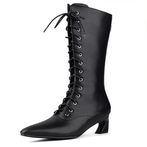 LanreyTaley Women's Mid Calf Boots Back Zipper Victorian Lace Up Vintage Boots Kitten Heel Daily