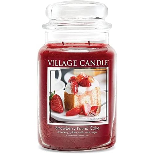Village Candle Strawberry Pound Cake, Large Glass Apothecary Jar Scented Candle, 21.25 oz, Red