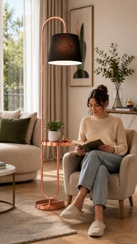 Image of Deco Crush Modern Floor Lamp with Side Table, Metal Standing Lamp with Fabric Lampshade, 60 Inch Tall Reading Lamp for Living Room, Bedroom, Office and Corner Decor (Rose Gold)