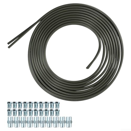 2 x 5 m 3/16 Kit de tuyau de frein avec 20 écrous et 10 connecteurs, tube PVF plaqué acier pour conduites de carburant, de réfrigération et de chauffage, noir