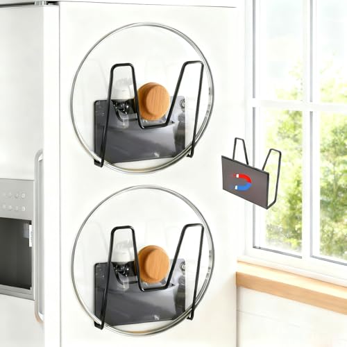 Toviyam Magnetic Pot Lid Holder for Refrigerator, 2 Pack Strong Magnetic Pot Lid Organizer for Cutting Board, Baking Tray & Pan Covers, Stainless Steel Moveable Kitchen Storage Rack-Black