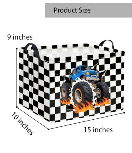 Image of Rectangular Baby Kids Storage Basket for Home Kitchen Girls Cute Toy Storage Bin Organizer Shelf Book Room Decor(Checkered Truck)
