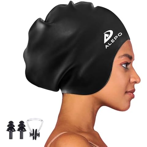Alepo Extra Large Swim Cap for Women Men, Durable Silicone Swimming Hat with Ear Protection, Unisex Adults Bath Swimming Caps for Long Thick Curly Hair & Dreadlocks Braids Weaves Afro Hair Cover