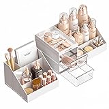 Makeup Organizer,2 In 1 Skincare Organizer And Makeup Tray Set,High-Capacity Large Cosmetic And Beauty Supplies Organizer Storage For Vanity Bathroom,Countertop,Bedroom-White-2 Drawers