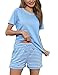 Litherday Schlafanzug Damen Kurz Baumwolle Pyjamas Set Nachtwäsche Set Zweiteiliger mit Damen Pyjamahose und Shirt Rundhals Elastischer Bund Taschen Sleepwear Sommer