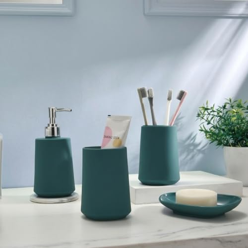 Fingey Modern Design 4 Piece Bathroom Accessory Set, Soap Dish, Tooth Brush Holder, Soap Dispenser, Rinse Cup (Teal)